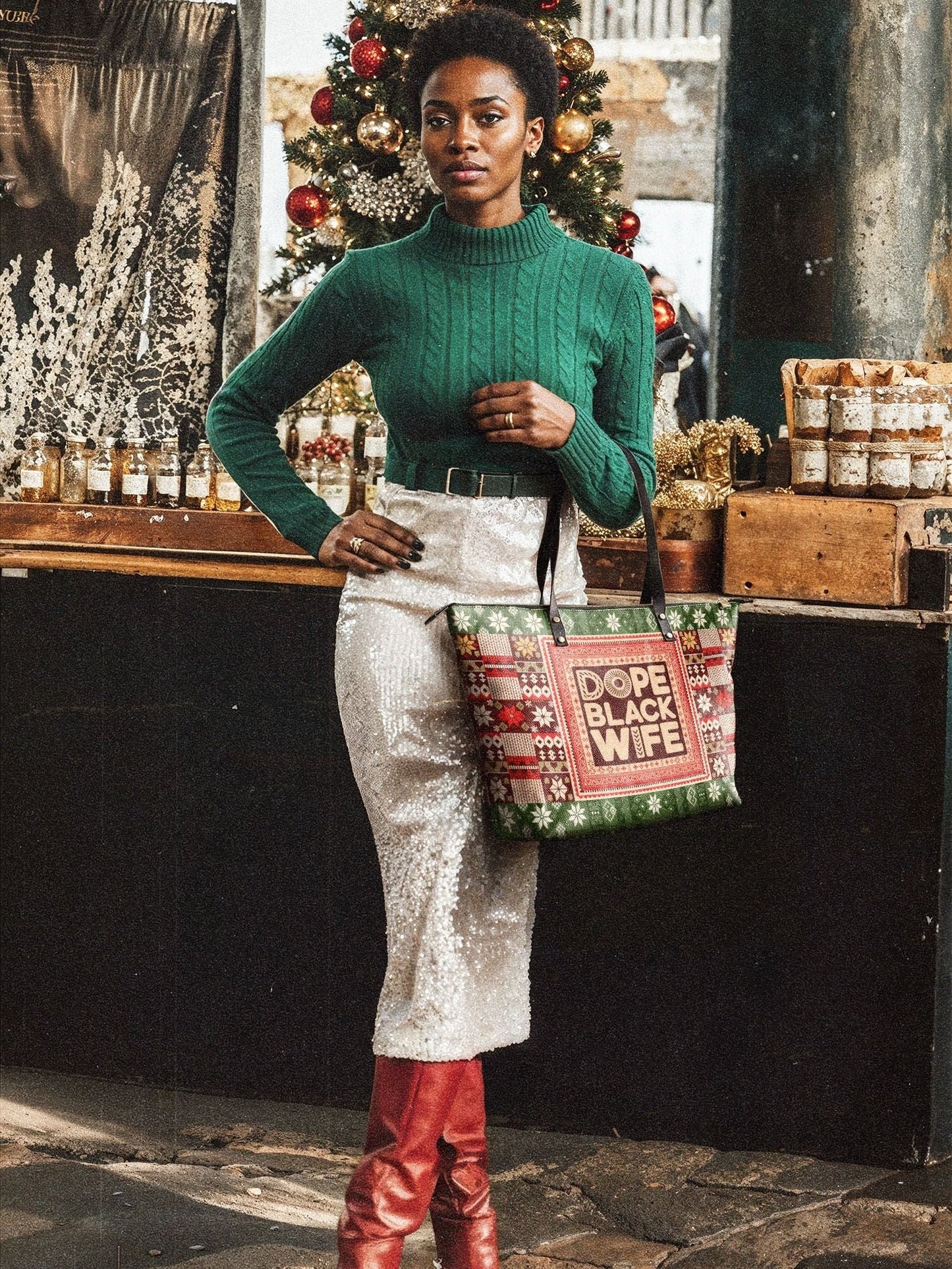 Afroyla "Dope Black Wife" Frosted Pine Leather Tote Bag